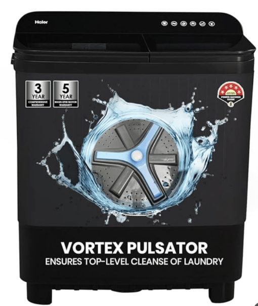 Haier 10 kg 5 Star Toughened Glass & Vortex pulsator Semi Automatic Top Load (HTW100-178BKN,Black)